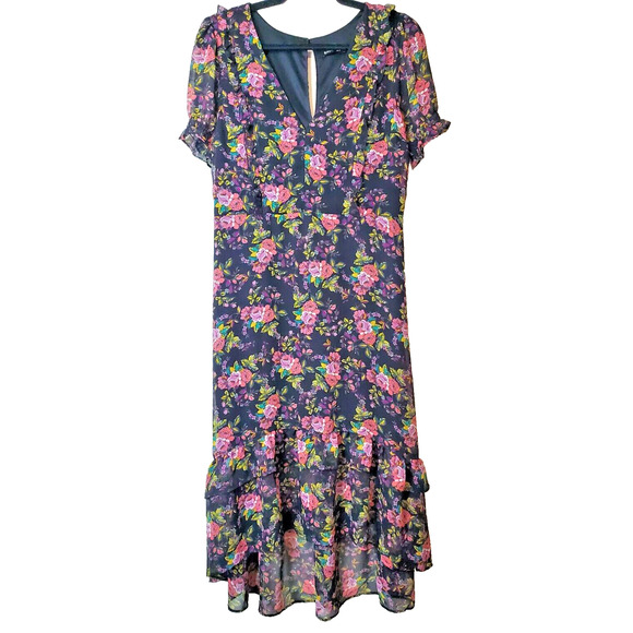 Express Midi Dress Womens Medium Black Floral Chiffon Party Flutter Sleeve - Picture 1 of 13